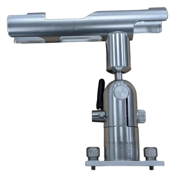 Cisco Patriot Cradle Rod Holder Track Mount SKU:PKPCR is a silver metal fishing rod holder with adjustable components and mounting hardware designed for secure installation on a track system.