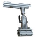 Cisco Patriot Rod Holder 7/8" rail Mount SKU: PKPRM made of durable metal with adjustable clamps and swivel mechanism for secure fishing rod placement on a boat railing.