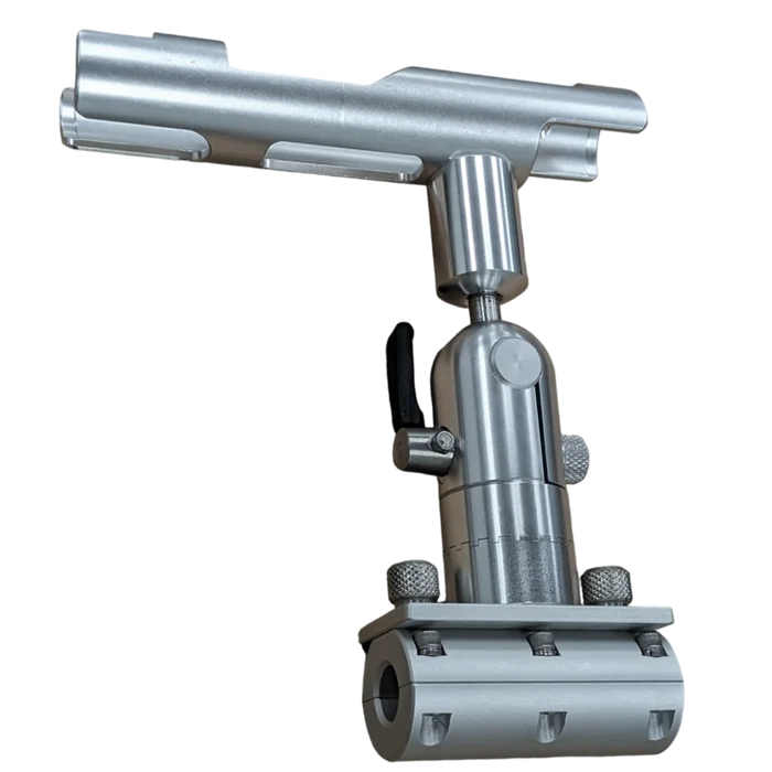 Cisco Patriot Rod Holder 7/8" rail Mount SKU: PKPRM made of durable metal with adjustable clamps and swivel mechanism for secure fishing rod placement on a boat railing.