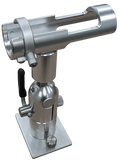 Cisco Short Cradle Rod Holder with Locking Ring Track mt. PN:PKSCC-CR, a silver metal fishing rod holder featuring a cradle design and adjustable locking mechanism, mounted on a sturdy base for secure positioning.
