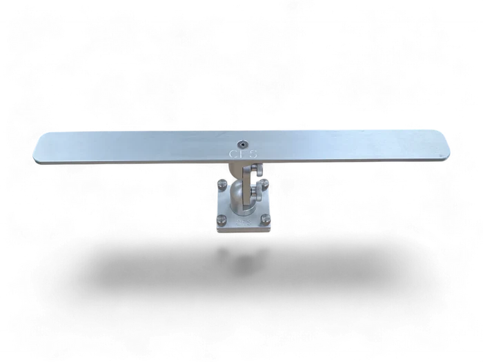 Cisco Side-By-Side Dual Articulating Electronics Mount 24" - 4"x4" base SKU:MTH24-TS made of metal with a flat elongated bar on an adjustable swivel base for mounting marine electronics on boats.