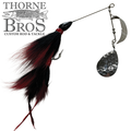CJ'S Large Tandem Clicker fishing lure featuring red and black feathered skirt, metal tandem spinner blades, and sharp hooks designed for musky fishing.
