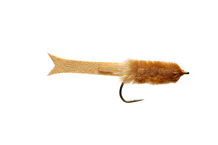 Ck Baitfish fishing lure with a tan foam body and furry brown head designed to mimic baitfish, featuring a sharp hook for musky and fly fishing tackle.