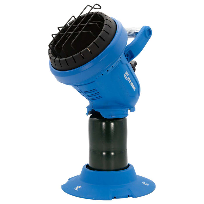 Blue Clam 4,200 BTU Heater designed for ice fishing, featuring an adjustable head, protective grill, and stable base for efficient warmth in outdoor fishing environments.