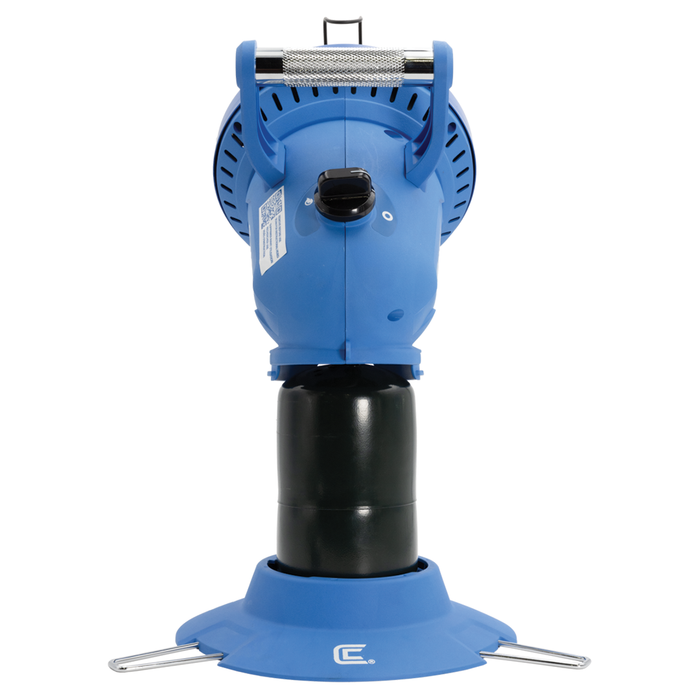 Clam 4,200 BTU Heater in blue with black fuel tank, designed for efficient heat output, featuring a sturdy base and adjustable control knob for ice fishing and outdoor use.