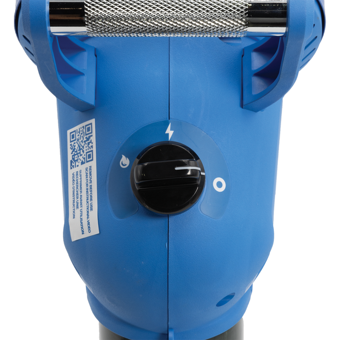 Close-up of the control knob on a blue Clam 4,200 BTU Heater showing settings for power, heat, and off functions, designed for ice fishing and outdoor use.