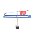 Clam Blue Ice TIp Up fishing tip-up with blue plastic base, metal rod holder, coiled spring, and a red flag for ice fishing visibility and signaling.