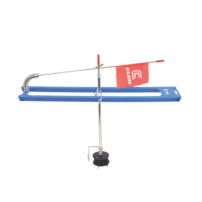Clam Blue Ice TIp Up fishing tip-up with blue plastic base, metal rod holder, coiled spring, and a red flag for ice fishing visibility and signaling.