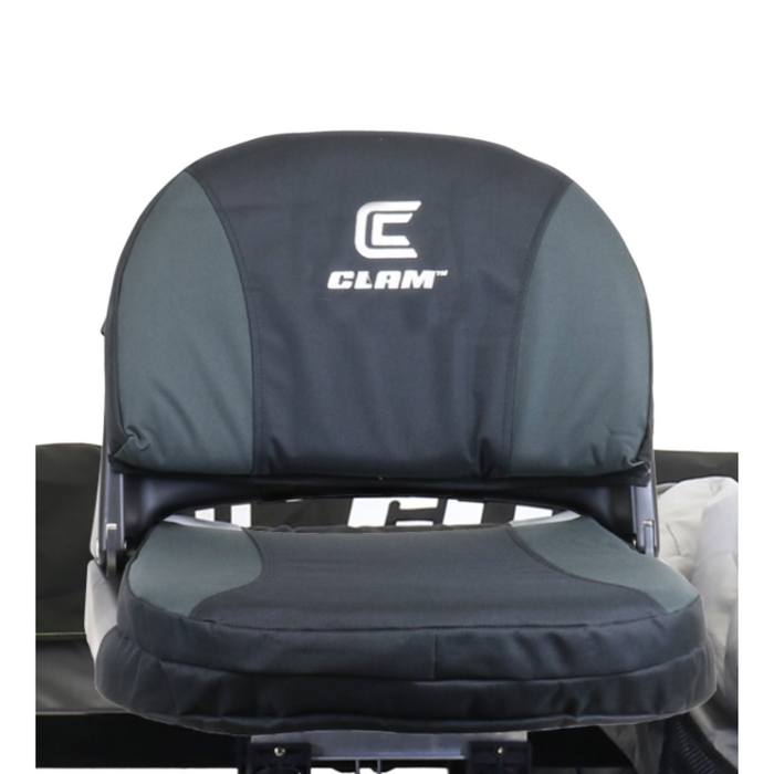 Clam Deluxe Seat Assembly featuring padded gray and black fabric with supportive backrest, designed for comfort and durability in fishing tackle setups.