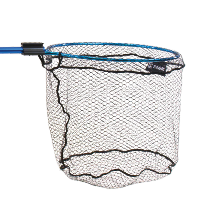Clam Fortis Replacement Net Bags shown as a durable black mesh net attached to a blue fishing handle, designed for use with fishing rods and reels.