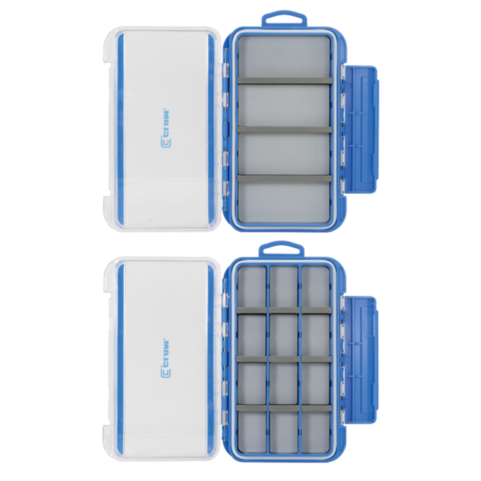 Clam HD Tackle Box shown open, featuring two blue and clear compartments with adjustable dividers for organizing fishing tackle, lures, and small gear efficiently.