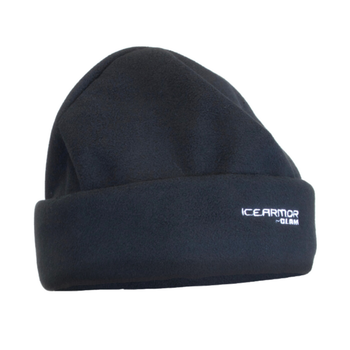 Clam Ice Armor Fleece Topue in black, a soft insulated fleece hat designed for warmth and comfort during cold weather fishing activities.