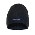 Clam Ice Armor Knit Skull Cap (Beanie) in black, featuring a warm rib-knit design with white embroidered logo on front, ideal for cold weather fishing and outdoor activities.
