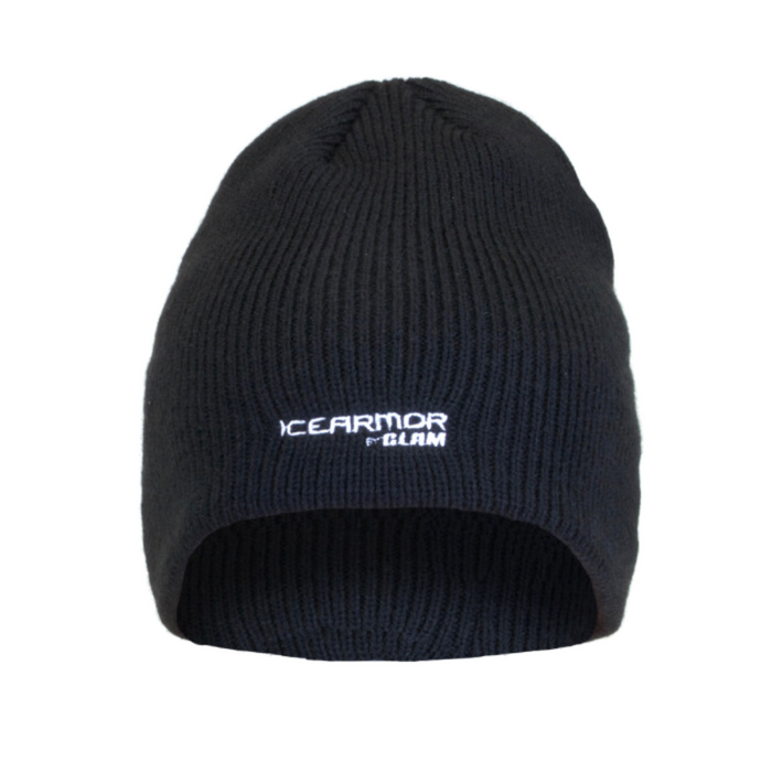 Clam Ice Armor Knit Skull Cap (Beanie) in black, featuring a warm rib-knit design with white embroidered logo on front, ideal for cold weather fishing and outdoor activities.