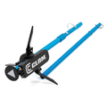 Blue collapsible marine pole with mounting bracket and stabilizing fins labeled Clam Live Imaging Pole, designed for fishing and marine electronics use.