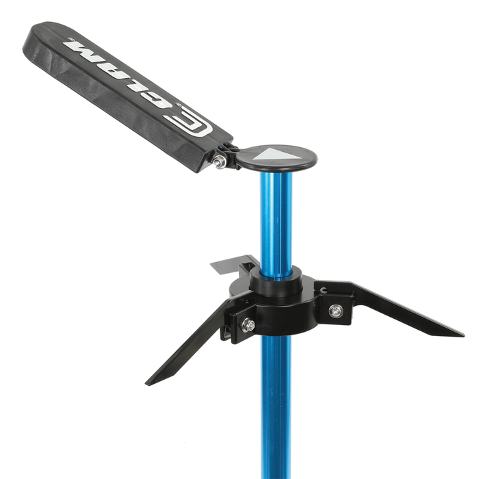 Clam Live Imaging Pole with a blue aluminum shaft, black mount, and foldable three-pronged base, designed for stable placement and use with fishing electronics.