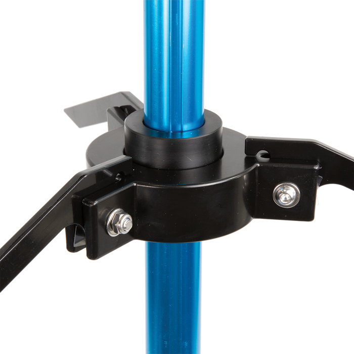 Close-up of the Clam Live Imaging Pole mounting bracket showing a sturdy black clamp attached to a blue telescoping pole, designed for secure marine electronics support.