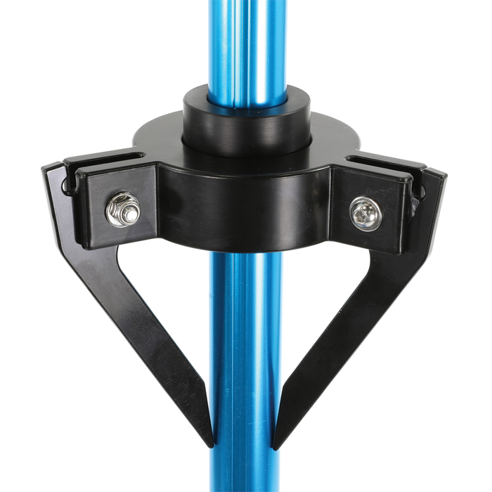 Close-up of the black adjustable clamp attached to the blue metal shaft of the Clam Live Imaging Pole, designed for secure mounting of fishing tackle or marine electronics.