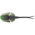 Clam Niku Flutter Fry fishing lure in green and brown with yellow speckles, featuring a soft plastic body and split tail designed for lifelike movement in water.