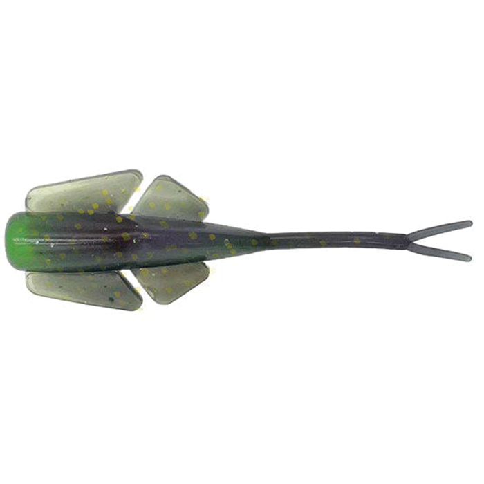 Clam Niku Flutter Fry fishing lure in green and brown with yellow speckles, featuring a soft plastic body and split tail designed for lifelike movement in water.