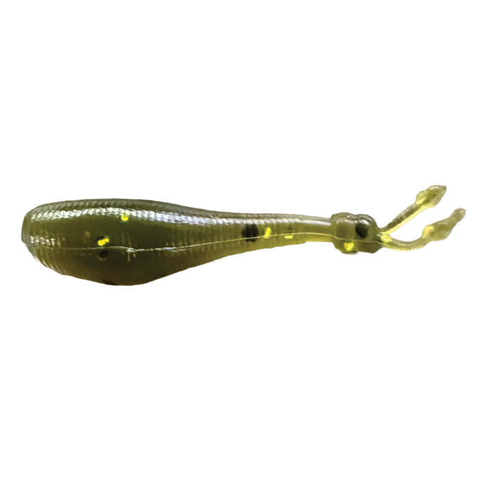 Clam Niku Plastics - Crappie Chronicles Custom Colors soft plastic fishing lure in green with yellow and black specks, designed for freshwater fishing tackle.