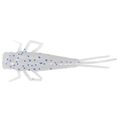 Clear soft plastic fishing lure shaped like an insect with multiple legs and two long tails, featuring blue spots scattered across its translucent body, named Clam Niku Twitch Fly.