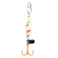 Clam Pinhead Pro PT Jigging Mino fishing lure with a white body accented by yellow and orange markings, featuring a metal spinner blade and bright orange treble hook.