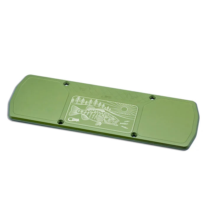 Cling Mag Grab Boat Bar in green with engraved fish and nature design, featuring multiple screw holes for secure mounting on boats to organize fishing gear and tackle.