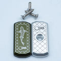 Cling Mag Grab Net Rack shown in green and silver metal plates with engraved fish design and logo, accompanied by three mounting screws for fishing tackle organization.