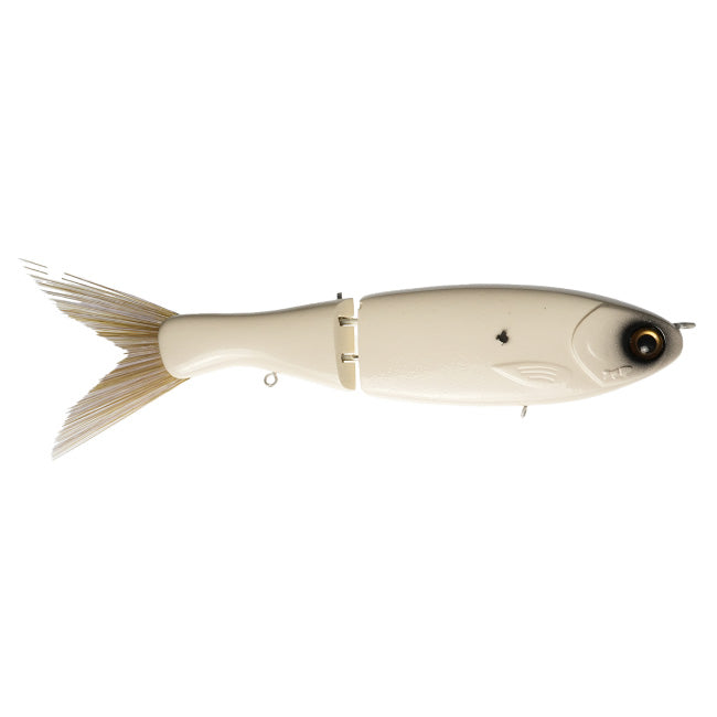 Clutch Swimbait Co. Darter Glide Bait in bone color with segmented body and flexible tail, designed for realistic swimming action as a fishing lure.