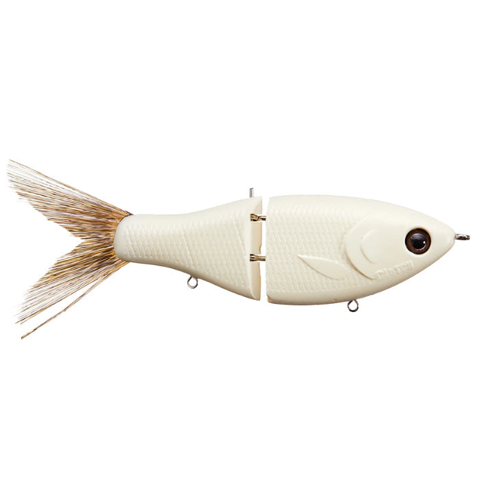 Clutch Swimbait Co. Eco Glide Bait in natural white with segmented joint body and feathered tail, designed as a lifelike fishing lure for musky and other freshwater species.