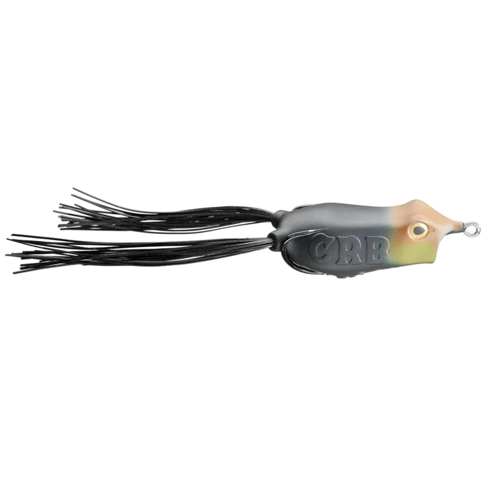 Copper Red Baits Loud Mouth Frog fishing lure with black skirted legs, frog-shaped body in shades of black, red, green, and tan, designed for freshwater fishing tackle.
