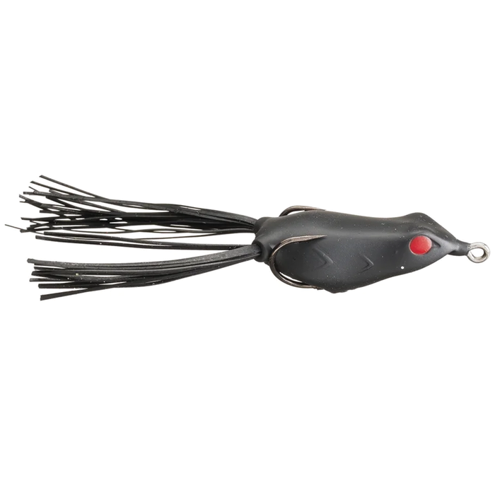 Copper Red Baits Ripple Frog fishing lure in black with red eyes, featuring soft rubber skirt and sharp hooks for use in fishing tackle targeting musky and other freshwater game fish.