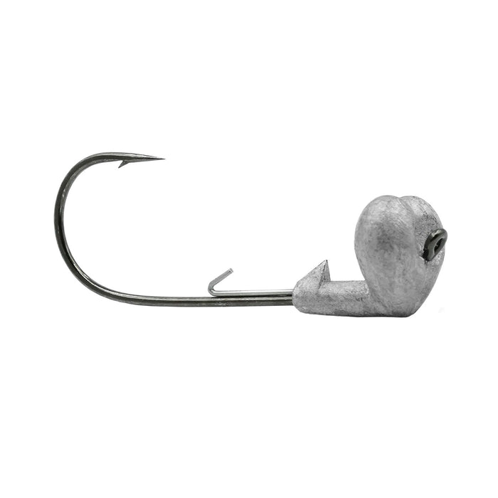 Core Tackle Strut Head Jig Head featuring a sharp curved fishing hook with a weighted heart-shaped lead head designed for improved lure stability in freshwater fishing.