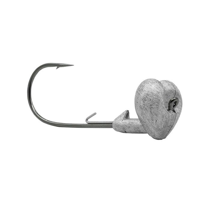 Core Tackle Strut Head Jig Head featuring a heart-shaped weighted lead head, sharp hook, and holder for fishing lures, designed for musky and ice fishing tackle.