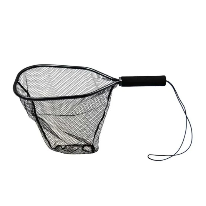 Cortland Aluminum Livewell Net with black aluminum frame, fine mesh netting, and padded handle featuring a wrist strap for secure grip during fishing activities.