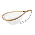 Cortland Fairplay Bamboo Net with a polished wooden frame and clear rubber mesh netting, featuring an ergonomic handle and attached wrist strap for secure fishing use.