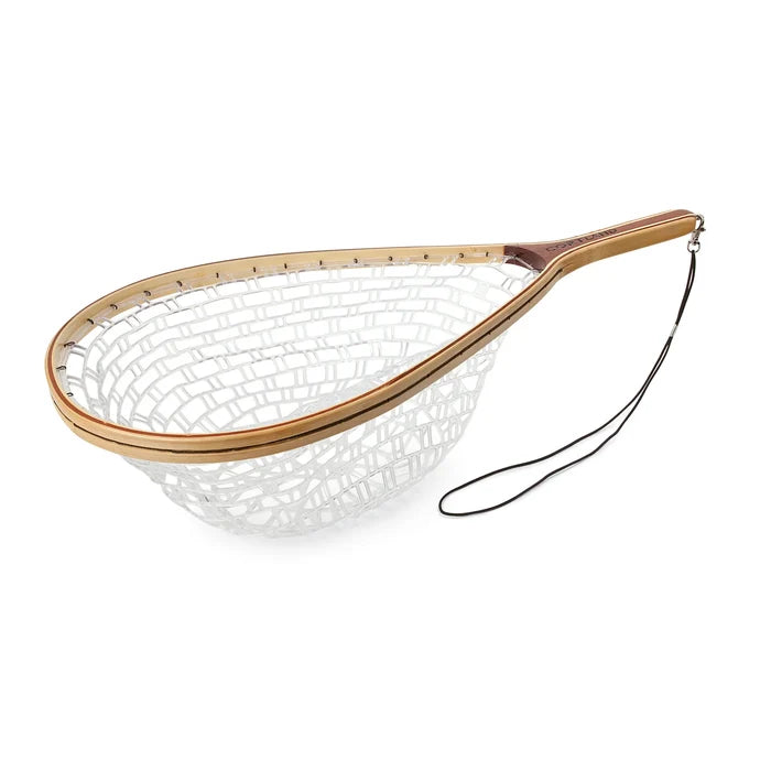 Cortland Fairplay Bamboo Net with a polished wooden frame and clear rubber mesh netting, featuring an ergonomic handle and attached wrist strap for secure fishing use.