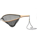 Cortland Teardrop Wooden Trout Net with a smooth wooden handle and teardrop-shaped frame, featuring a deep black mesh net and an attached lanyard for secure handling.