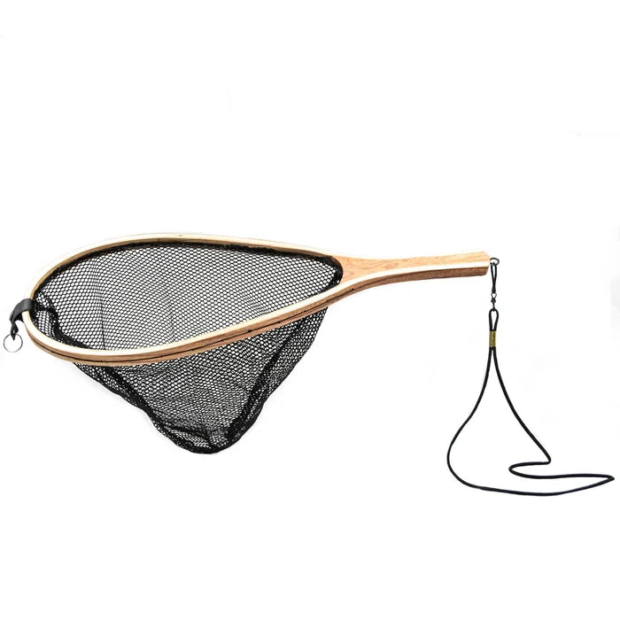 Cortland Teardrop Wooden Trout Net with a smooth wooden handle and teardrop-shaped frame, featuring a deep black mesh net and an attached lanyard for secure handling.