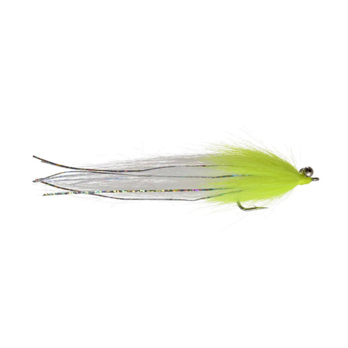 Craft Fur Whistler #2/0 fishing lure with chartreuse and white fur, shiny fiber accents, and weighted eyes, designed for musky and fly fishing tackle.