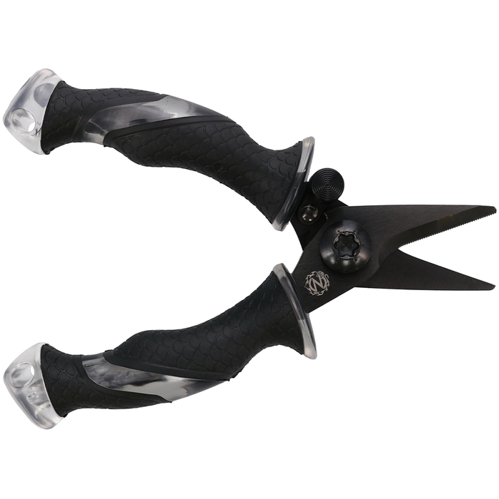Cuda 5.25" Titanium Mini Snips - Mark Zona Series with black ergonomic textured handles featuring a scale pattern and sharp titanium blades designed for precise fishing tackle cutting.