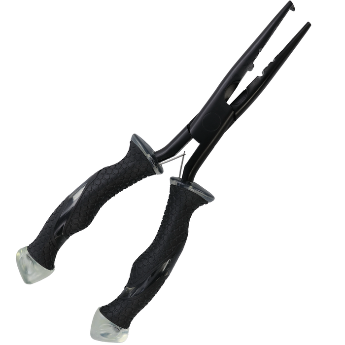 Cuda 8" Titanium Needle Nose Split Ring Pliers - Mark Zona Series with black textured ergonomic handles and slim, durable titanium jaws designed for fishing tackle and split ring removal tasks.