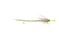 Cuda Snack Chartruese #3/0 fishing lure with a slender, worm-like body in chartreuse green, detailed with shimmering fibers near the head and two sharp hooks for musky fishing tackle.
