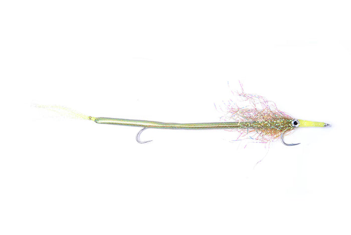 Cuda Snack Chartruese #3/0 fishing lure with a slender, worm-like body in chartreuse green, detailed with shimmering fibers near the head and two sharp hooks for musky fishing tackle.