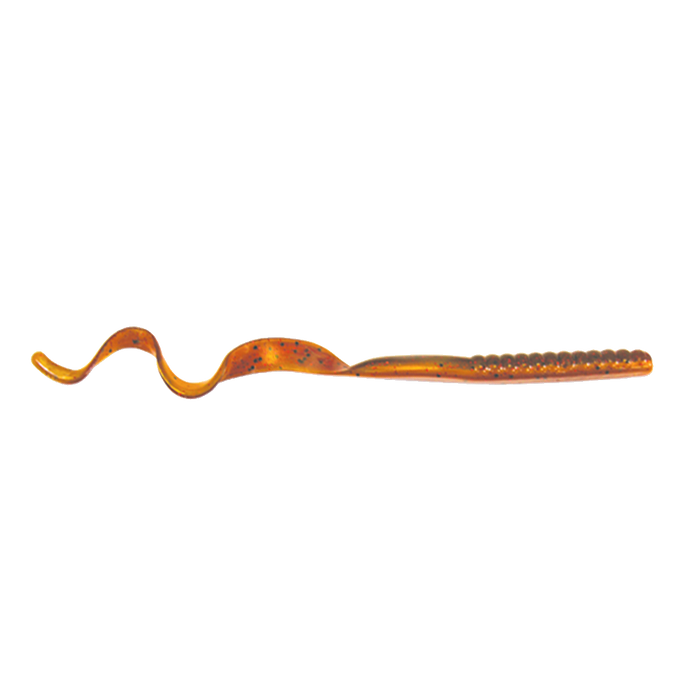 Culprit Original 7.5" Worm fishing lure in translucent amber with black and orange flecks, designed for freshwater fishing tackle and musky fishing gear.