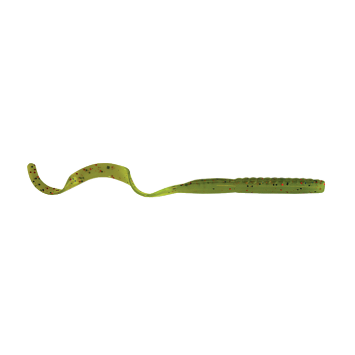 Culprit Original 7.5" Worm fishing lure in green with red flecks, featuring a long tapered body and a curled tail designed for lifelike movement in water.