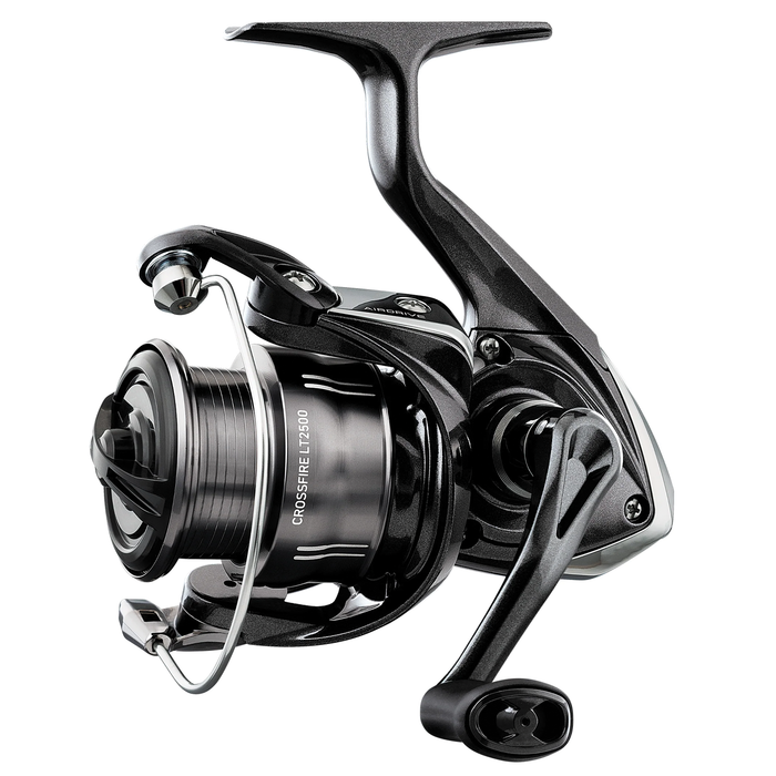 Daiwa Crossfire LT spinning fishing reel in black with silver accents, featuring a smooth handle and durable spool designed for fishing rods and reels.