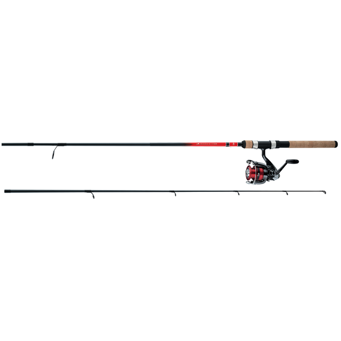 Daiwa D-Shock DS II FW Spinning Combo featuring a sleek black and red spinning rod with cork handle and attached reel, designed for freshwater fishing tackle.