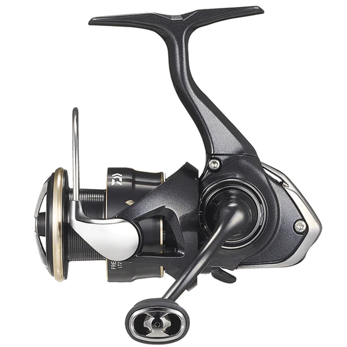 Close-up of a black and silver Daiwa Freams LT spinning fishing reel featuring a sleek ergonomic design and smooth rotating handle for precision in fishing tackle applications.